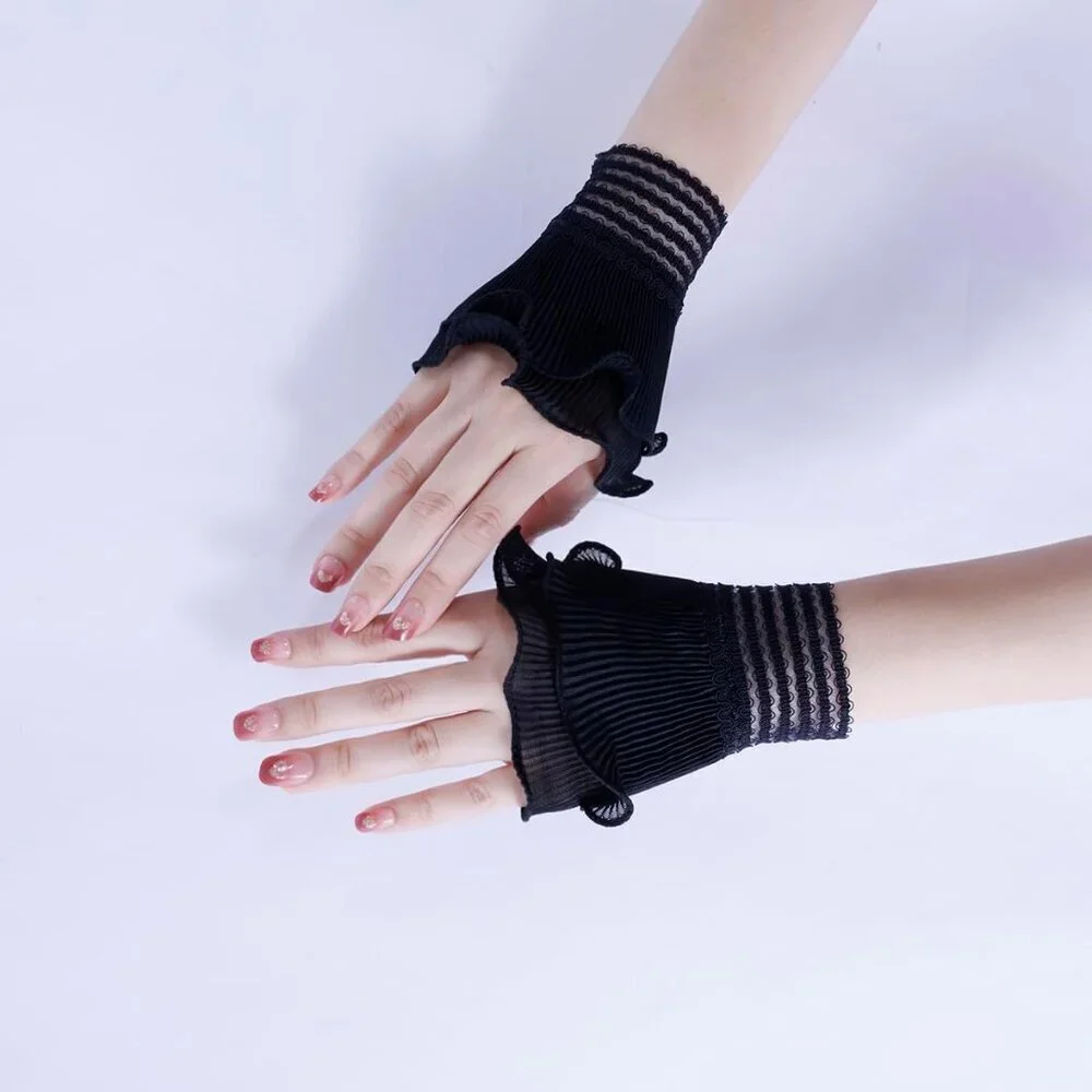 Women's Flared Sleeves Black Elastic Bracelet Wrist Cuffs Gloves Wedding Party